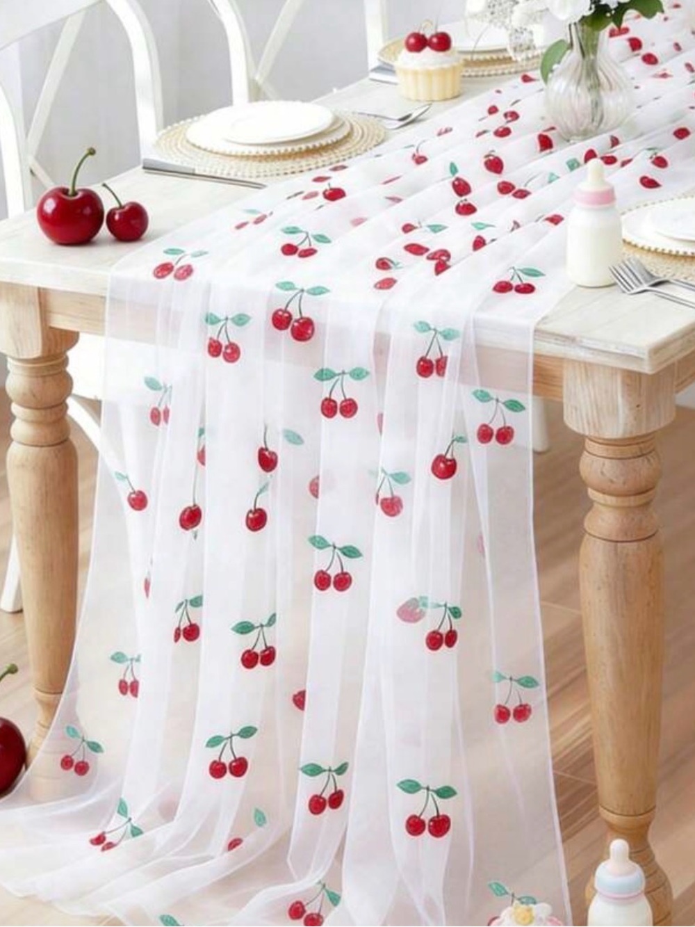 7pk Cherry Print Sheer Table Runner - White/Red 180cm x 75cm